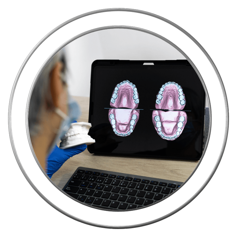 3D scan of a patient’s teeth displayed on an iPad at J.P Prosthodontics in Fullerton, CA